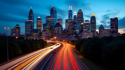 Fototapeta premium Modern Dramatic Night Cityscape Illuminated Skyscrapers Urban Photography Car Light Trails Highway Long Exposure
