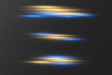 Collection of horizontal effects, neon laser lines. On a transparent background.