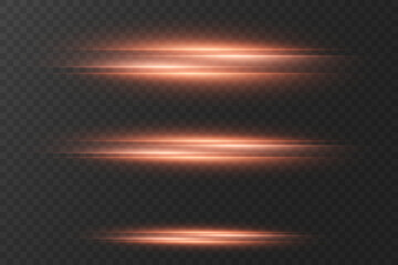 Collection of red horizontal effects, neon laser lines. On a transparent background.