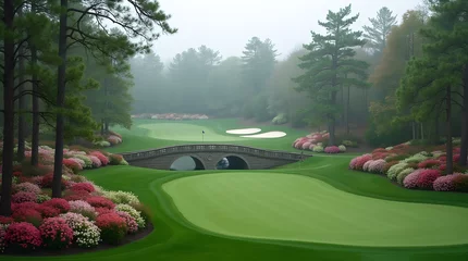 Fototapeten Misty Scenic Augusta National Masters Golf Course Azaleas Stone Bridge © TShirt Empire