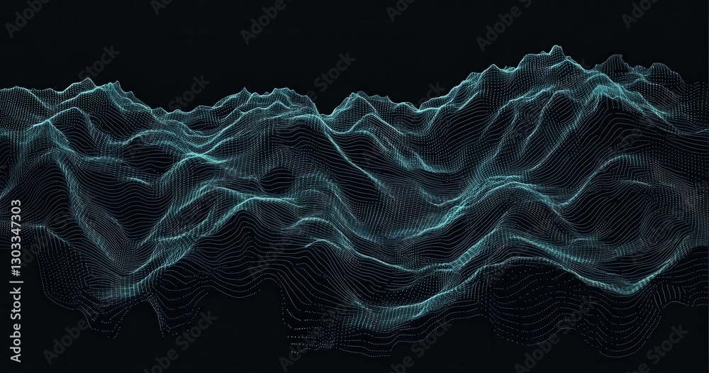 Poster abstract representation of digital waves and mountainous forms against a dark background emphasizing