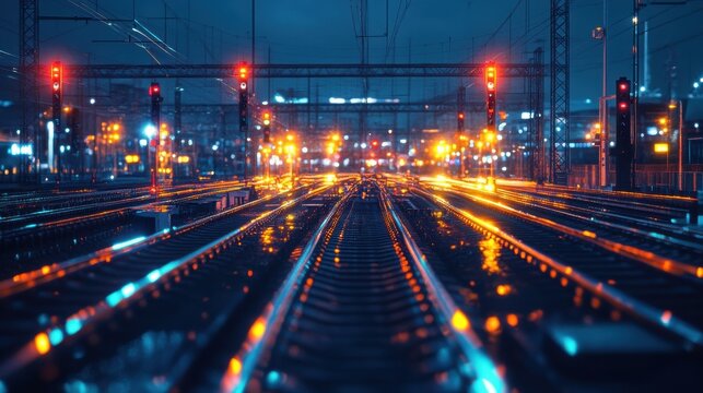 Intricate railway junction with illuminated signals and tracks in a digital design at night showcasing complex transportation systems