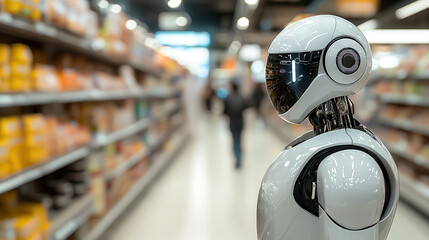 A humanoid robot stands in a store aisle, blending technology and everyday life, encapsulating the theme of modern AI integration.