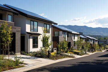 Suburban Homes with Solar Panels & Landscaping on a Clear Day. Use for Real Estate