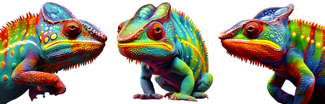 Vibrant chameleon with colorful scales facing each other on transparent background