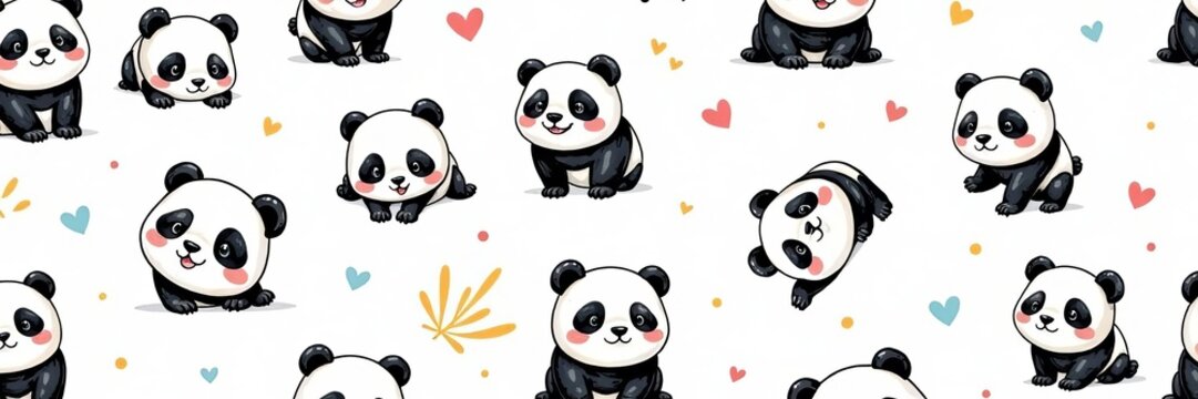 Cute and playful panda doodles in a seamless pattern on a white background, panda, playful