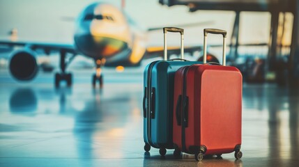two traveler suitcases in the waiting area with airplane in the background