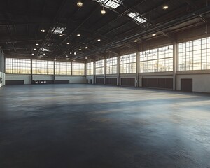 Empty industrial warehouse interior, sunlight, background, use