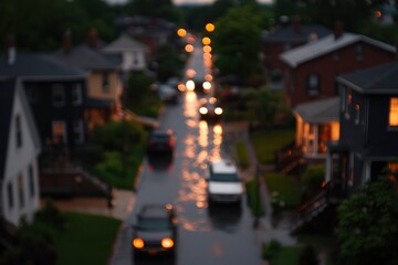 Fototapeta premium Cars drive down street after the rain, at dusk in a neighborhood after rain