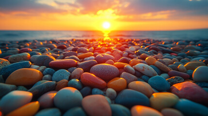 A polished pebble, smooth and radiant, captures ethereal allure with its tactile intricacies and kaleidoscopic hues, whispering timeless narratives shaped by nature's artistry through the ages