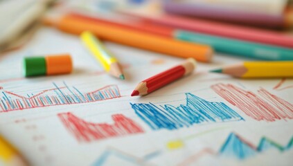 Colorful pencils on child's drawings