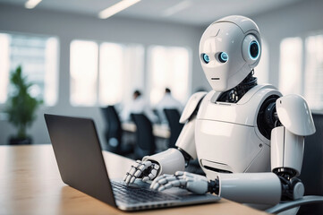 A futuristic white robot is typing on a laptop keyboard in a bright, contemporary office.