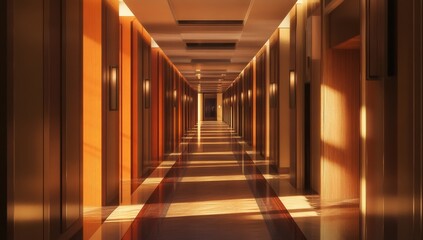 Fototapeta premium Empty hotel hallway, sunlit perspective