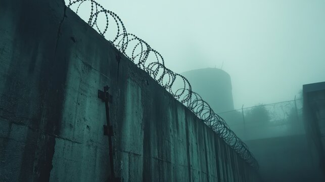 Foggy day at a high security prison wall with barbed wire.