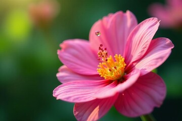 Elegant monoi oil droplets falling on a blooming flower with pink petals, natural, beauty