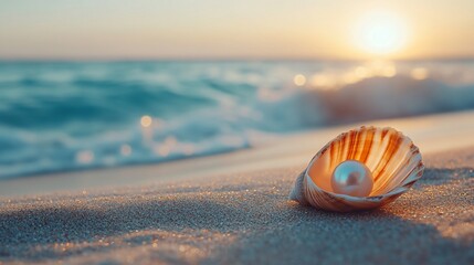 Pearl rests in shell on beach during golden sunset over ocean waves