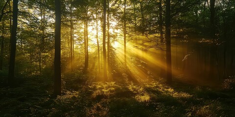 Naklejka premium Heavenly golden light bathing a pristine, undisturbed forest landscape