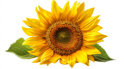 Fototapeta premium Bright sunflower showcasing vibrant yellow petals and contrasting green leaves, perfect for summer gardens and floral arrangements
