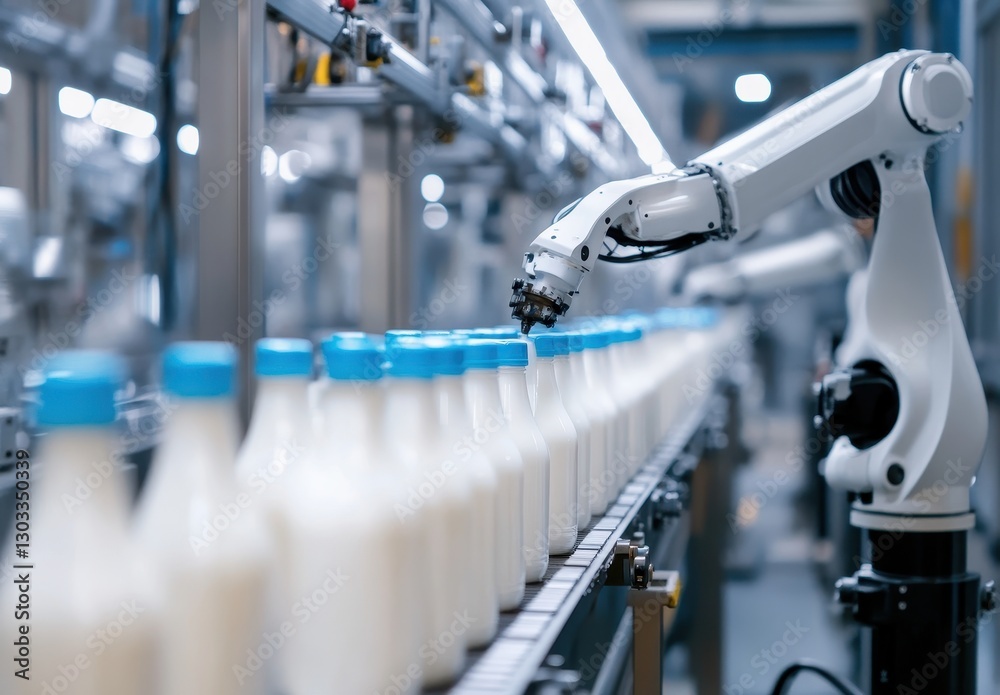 Poster advanced robotic arm operating in dairy production line for efficient handling of milk bottles with 