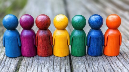 Colorful wooden figures standing in a row.
