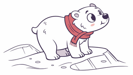Vector image of a little polar bear wearing a red scarf, standing on a snowdrift, chibi style, minimalist details
