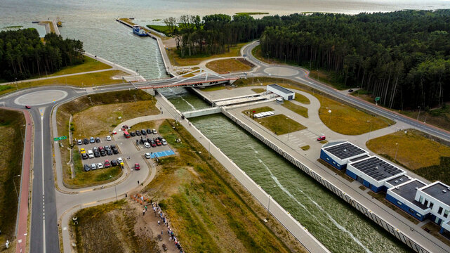 A breathtaking aerial view of the Vistula Spit canal, showcasing the engineering marvel connecting the Vistula Lagoon with the Baltic Sea. 