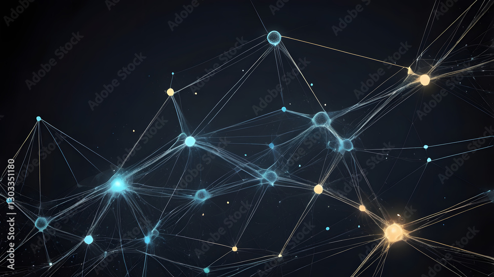 Poster digital network: an abstract representation of interconnected digital networks, with glowing nodes a