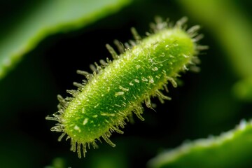 Naklejka premium Macro shot of a green caterpillar on leaf. Biology study of insect feeding