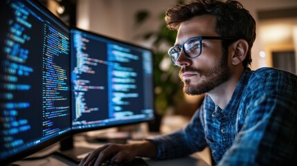 Focused developer coder wears glasses working on computer looking at programming code data cyber security digital tech reflecting in spectacles developing software program, focus on eye close up view