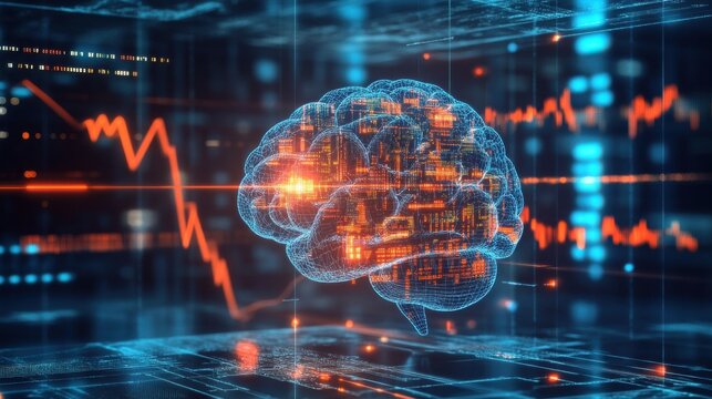 Human brain on a technology background symbolizes the intersection of stock markets and cyber space