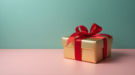 Minimalist Gold Gift Box with Bright Red Ribbon Bow on Pink Surface and Green Background - Isolated Festive Wrapped Present for Holidays & Celebrations Studio Shot