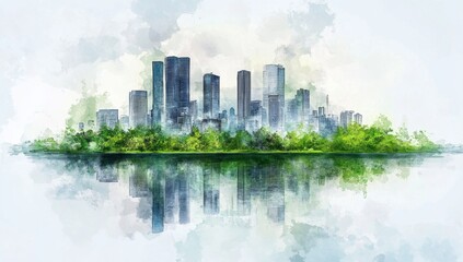 Obraz premium Watercolor cityscape reflecting on a tranquil lake