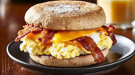 A breakfast sandwich with bacon and cheese on a black plate. generated using AI