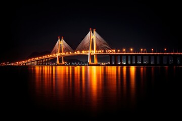 Obraz premium Modern bridge illuminated at night, reflecting in water, connecting urban areas