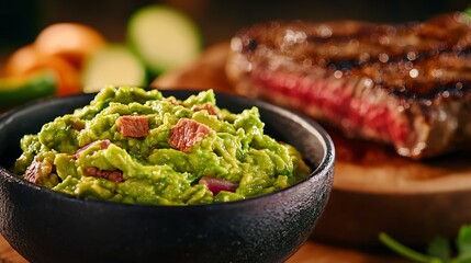 A delicious bowl of creamy guacamole served alongside a perfectly grilled steak, ideal for any meal.