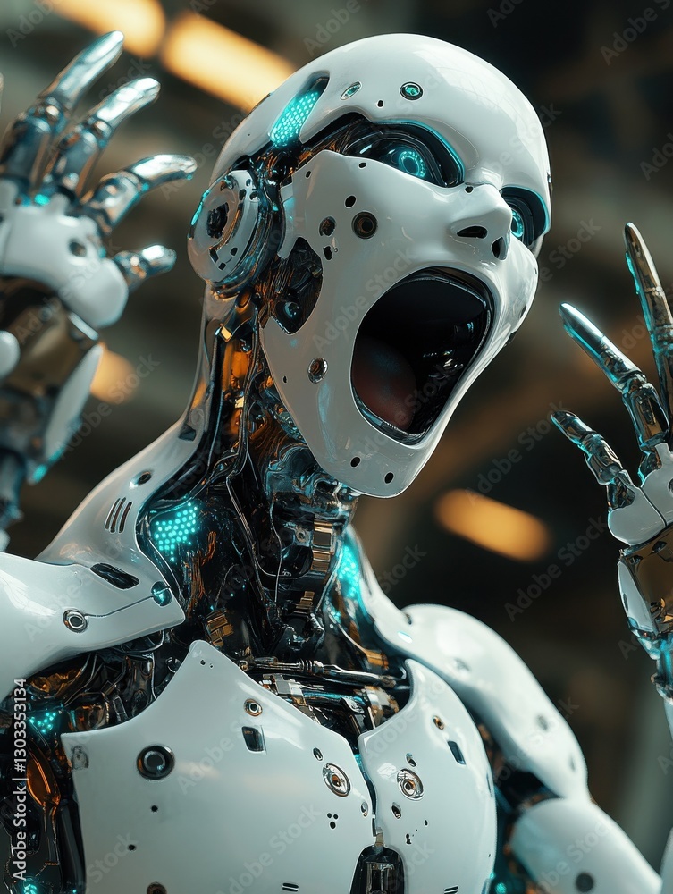 Poster system error. modern useful humanoid getting a system error and putting his hands up in a strange wa