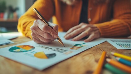 Elderly person analyzing charts at home