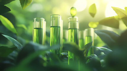 Green Innovation: A close-up shot of laboratory test tubes filled with a vibrant green liquid, nestled amidst lush foliage, symbolizes the fusion of science and nature.