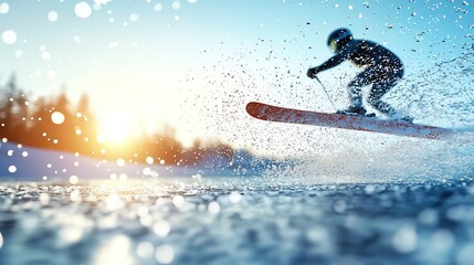 Naklejka premium A dynamic skier glides gracefully across a snowy slope, capturing the thrill of winter sports at sunset.