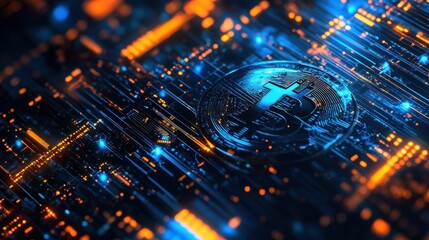 The intersection of Bitcoin, blockchain, cryptocurrency, and digital encryption creates a technological background for digital money exchange.