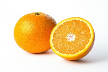 orange with half the fruit cut off and placed next to it on a white background