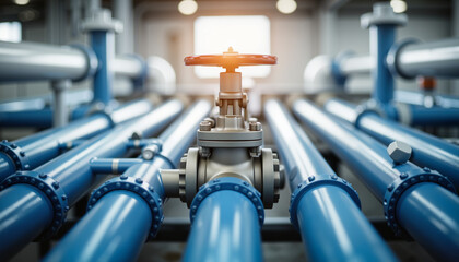 Gas valve controlling energy flow among blue industrial pipes, energy production
