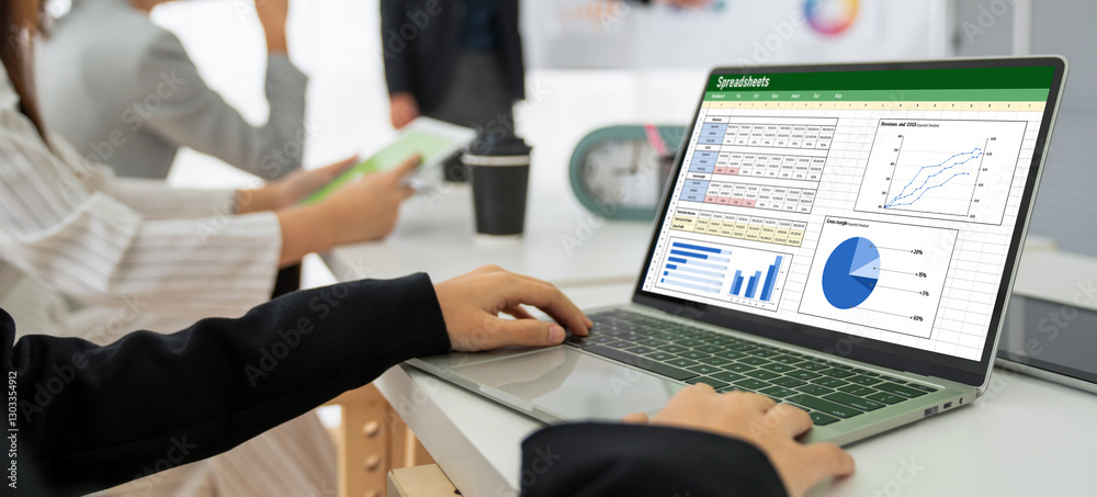 Poster spreadsheet document information financial startup concept. data and graphs in spreadsheet documents