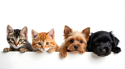 Cute Tabby Kitten Orange Kitten Yorkie Puppy Black Puppy Peeking Over White Portrait