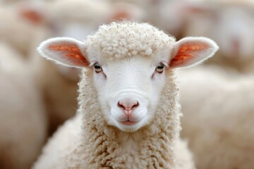 Obraz premium Close-up of a woolly lamb?s face, portrait view with a blurry background, for farming