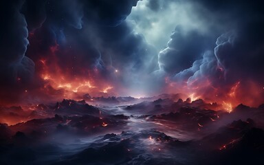 A dramatic, surreal landscape filled with dark clouds, glowing embers, and turbulent waters under a mystical sky.