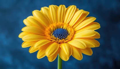 Obraz premium Vibrant yellow Gerbera daisy close-up, blue background. Perfect for spring, summer, nature, and floral themes.