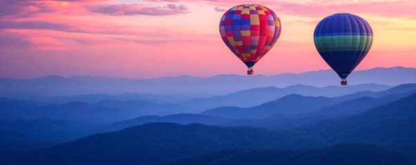 Obraz premium two hot air balloons flying over the Smoky Mountains. One balloon is red and yellow with a white checkered pattern