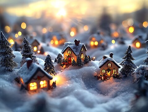 Snowy Christmas village at sunset - Powered by Adobe