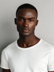 Obraz premium Close up portrait of good-looking serious African man with healthy clean skin wearing white casual t-shirt posing isolated against gray studio wall with copy space for your promotional content